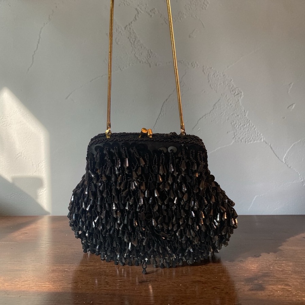 Vintage Bradlee's Black Beaded Evening Bag Small Clutch Gold Chain